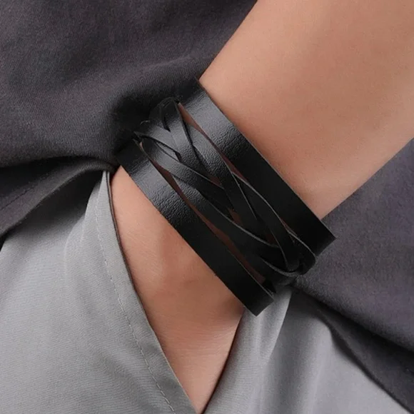 Men Black Leather Wide Bracelet - Picture 2 of 6